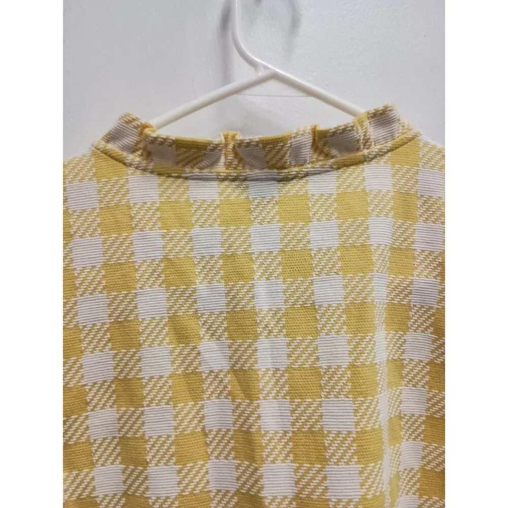 Ann Taylor Womens Preppy Top Size XL White Yellow‎ Plaid Ruffle Neck Sleeveless